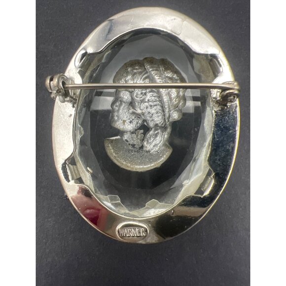 Vintage Warner Cameo Brooch Pin Intaglio Faceted Glass Silver Tone Signed 2X1.5" - Picture 9 of 11